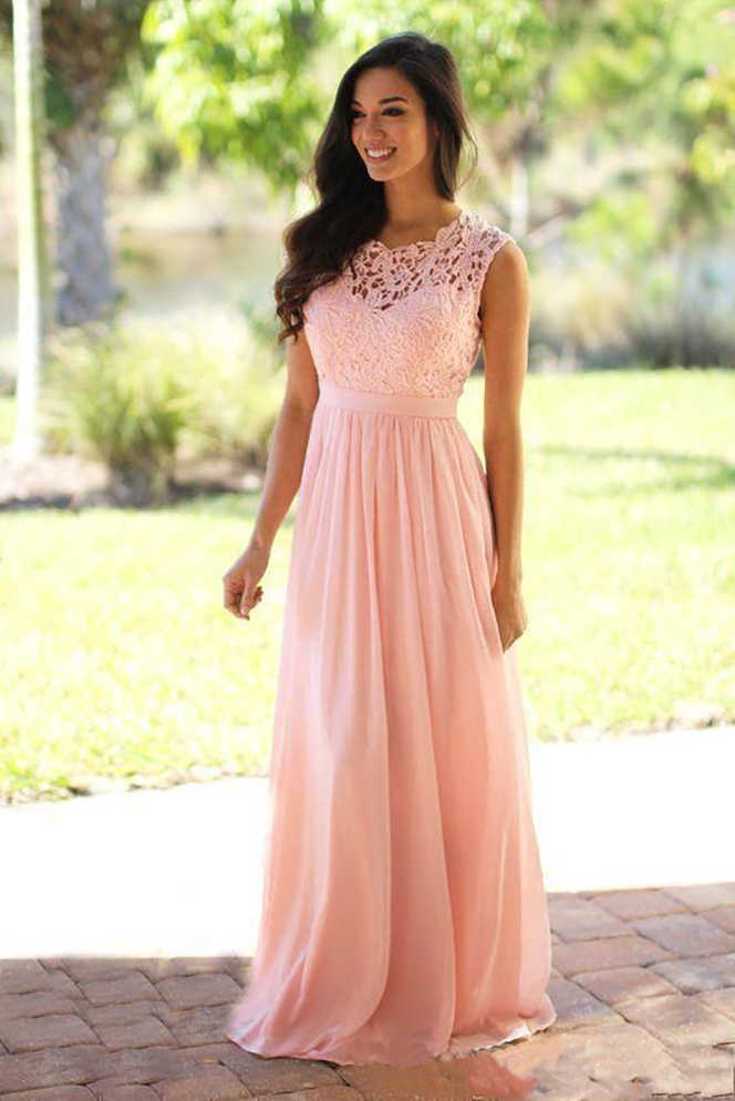 Pink Chiffon Bridesmaid Dresses Lace Appliqued Bodice Pleats A Line Long Wedding Party Gowns Zipper Sheer Back Free shipping Free shi