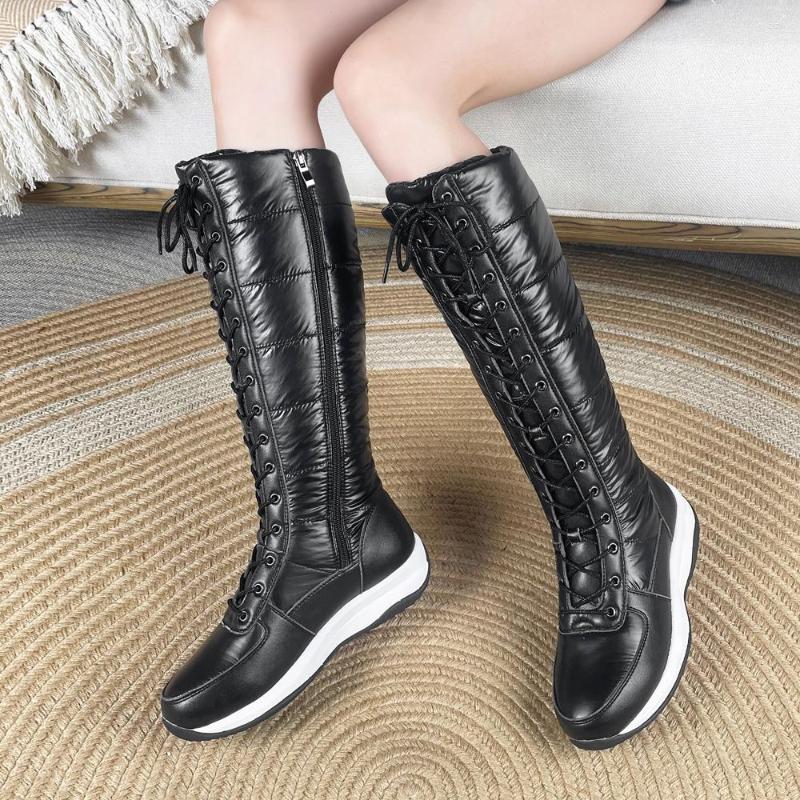 Boots Fashion Women Winter Genuine Leather Knee High Boot Zipper Low Heels Snow Ladies Fur Casual Flat Shoes Black Plus Size