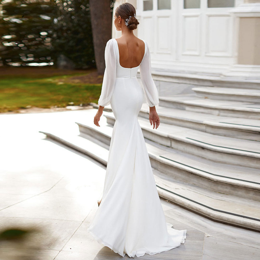 2023 Simple Elegant Chiffon Mermaid Wedding Dresses Long Sleeves Side Split White Beach Mariage Bride Gowns Vestidos De Novia Custom Made