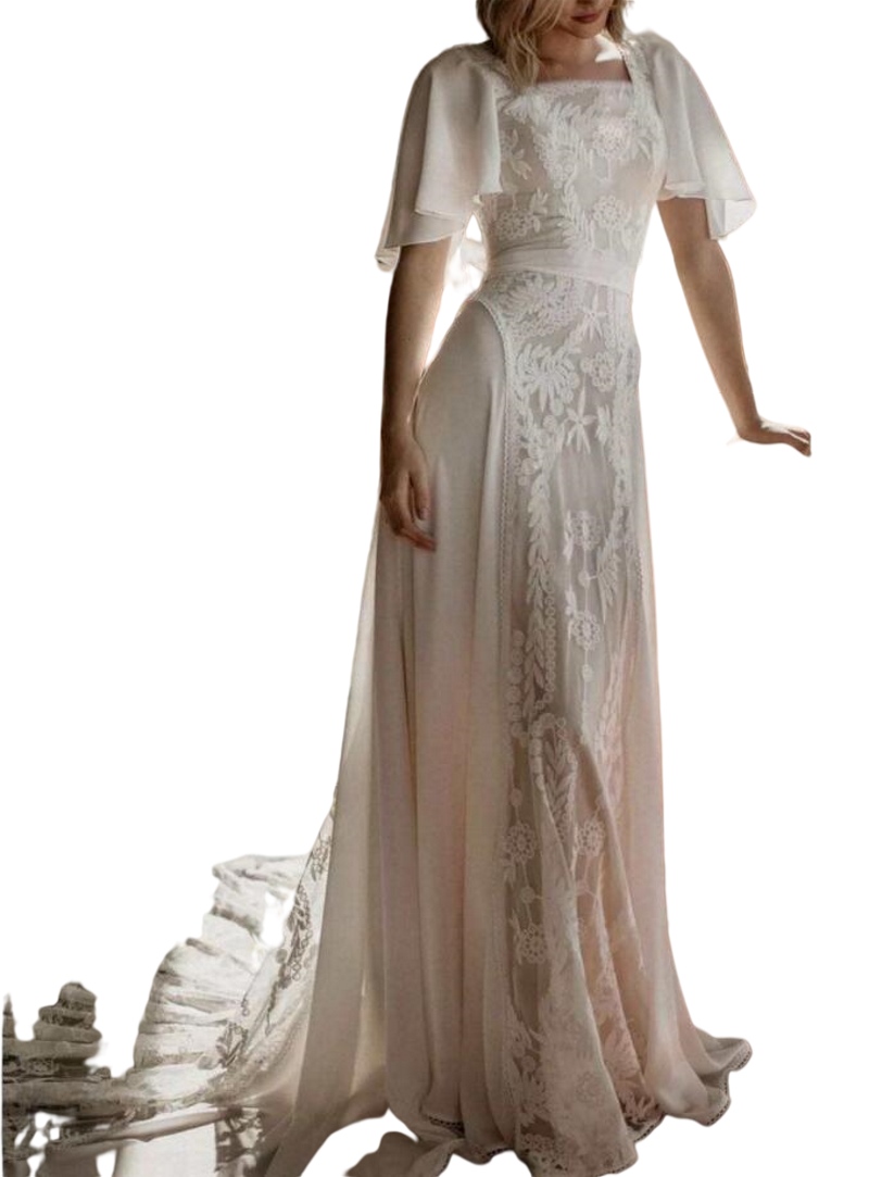 Bohemian Lace Wedding Dress Square Neck Flare Sleeves A Line Chiffon Sweep Train Lace Beach Bridal Gown Robe De Mariee