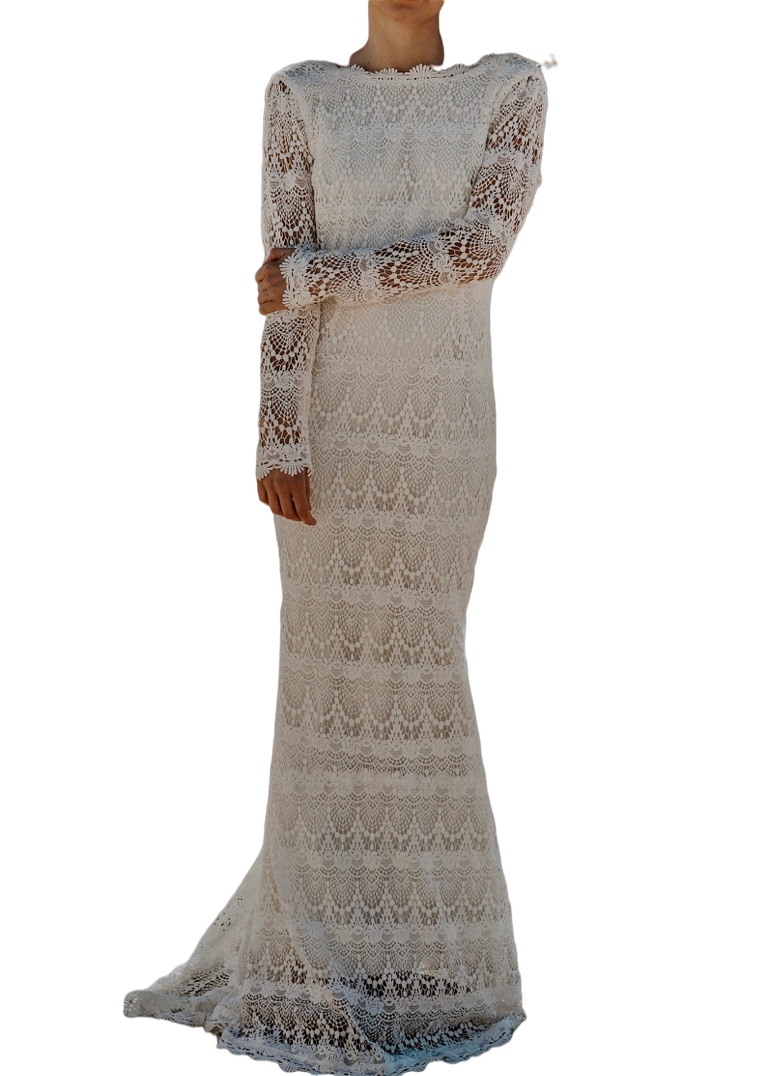Hipple O Neck Bohemian wedding dress Lace Open Back Sweep Train Beach Crochet Cotton Lace Long Sleeve Bridal gown Dress