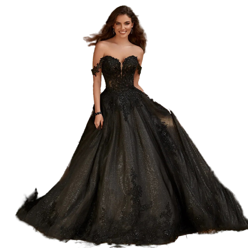 Black A-Line Wedding Dresses Gothic Bridal Gowns 2023 Lace Appliques Off The Shoulder Sweetheart Neck Sequined Vestido De Novia Vintage Glitter Long B