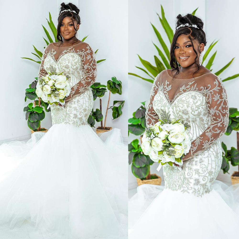 Glamorous Mermaid Wedding Dresses Transparent Long Sleeves with Appliques Protrait Backless Tulle Chapel Custom Made Chapel Gown Plus Size Vestidos De