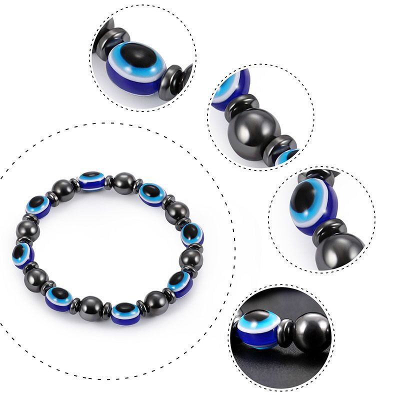 Hematite Blue Evil Eye Bracelet Turkey Eyes Wish Handmade Women's Resins Bead Bangle Elastic Bracelets Jewelry