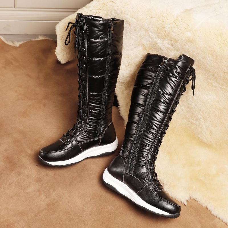 Boots Fashion Women Winter Genuine Leather Knee High Boot Zipper Low Heels Snow Ladies Fur Casual Flat Shoes Black Plus Size