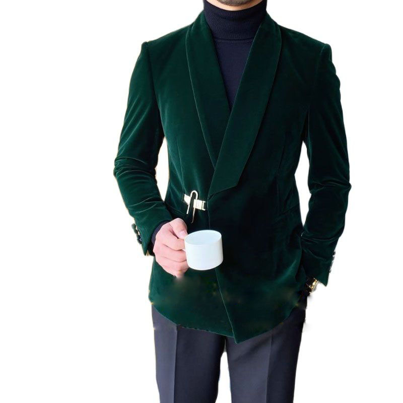Velvet Men Suits Green Wedding Tuxedos Double Breasted Groom Wear Two Pieces Man's Winter Clothing for New Year Party