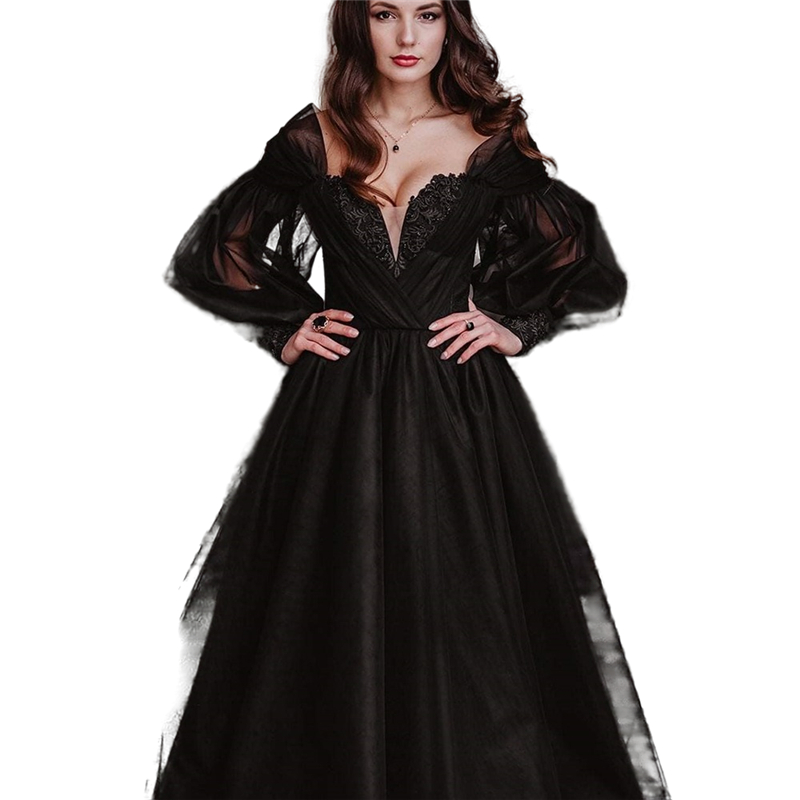 2023 Lantern Long Sleeve Black Gothic Wedding Dress Puffy A-Line Winter Bridal Gowns Lace Appliques Beaded Sweep Train Tulle Vintage Vestidos De Novia