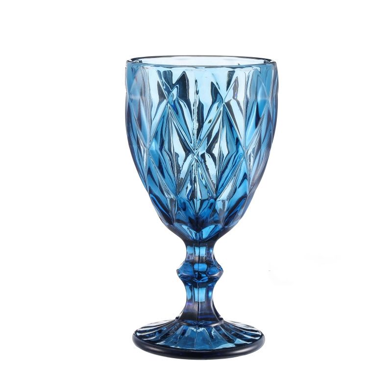 10oz Wine Glasses Colored Glass Goblet with Stem 300ml Vintage Pattern Embossed Romantic Drinkware for Party Wedding