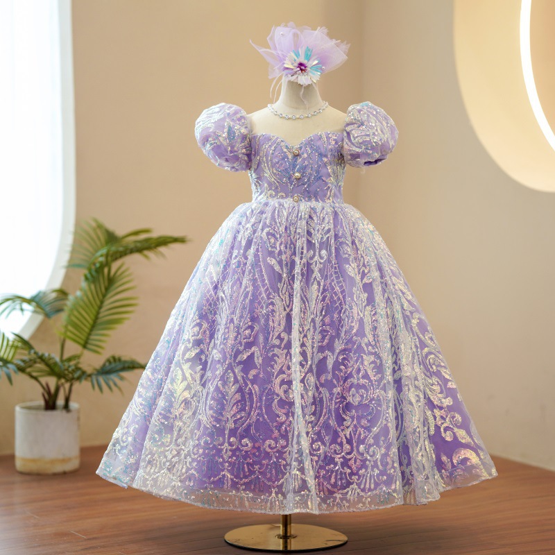 Light Sky Blue Lace Flower Girl Dresses Long sequined lace Wedding Appliqued Ball Gown Toddler Pageant Gowns Tulle Custom Made First holy Communion Dr