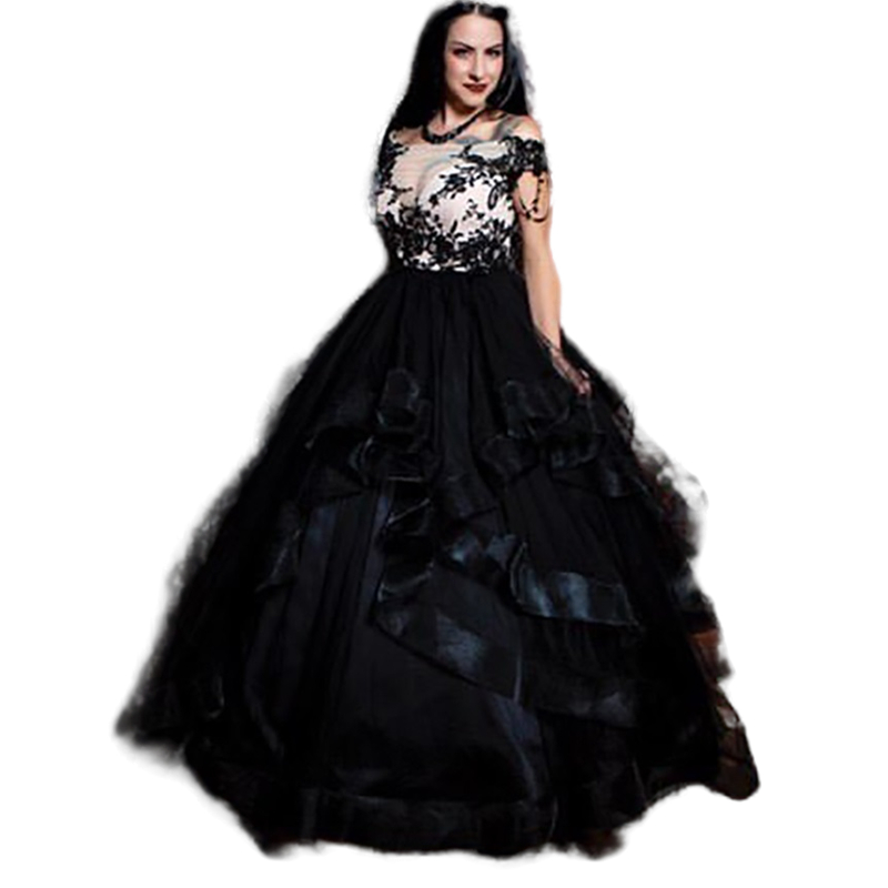 Gothic Black A-Line Wedding Dresses Tiers Ruffles Skirt Lace Appliques Custom Illusion Bateau Neck Vintage Puffy Bridal Gowns 2023 Plus Size Robe De M