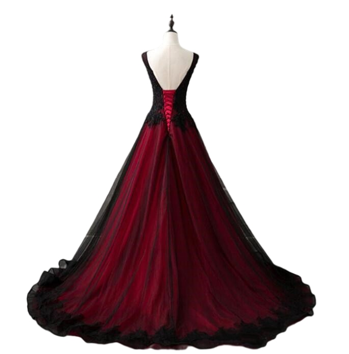 Vintage Red and Black Gothic Wedding Dress V-Neck Beaded Lace Appliques A-line Long Tulle Vintage Non White Sleeveless Bridal Gowns Plus Size 2023