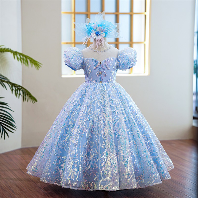 Light Sky Blue Lace Flower Girl Dresses Long sequined lace Wedding Appliqued Ball Gown Toddler Pageant Gowns Tulle Custom Made First holy Communion Dr