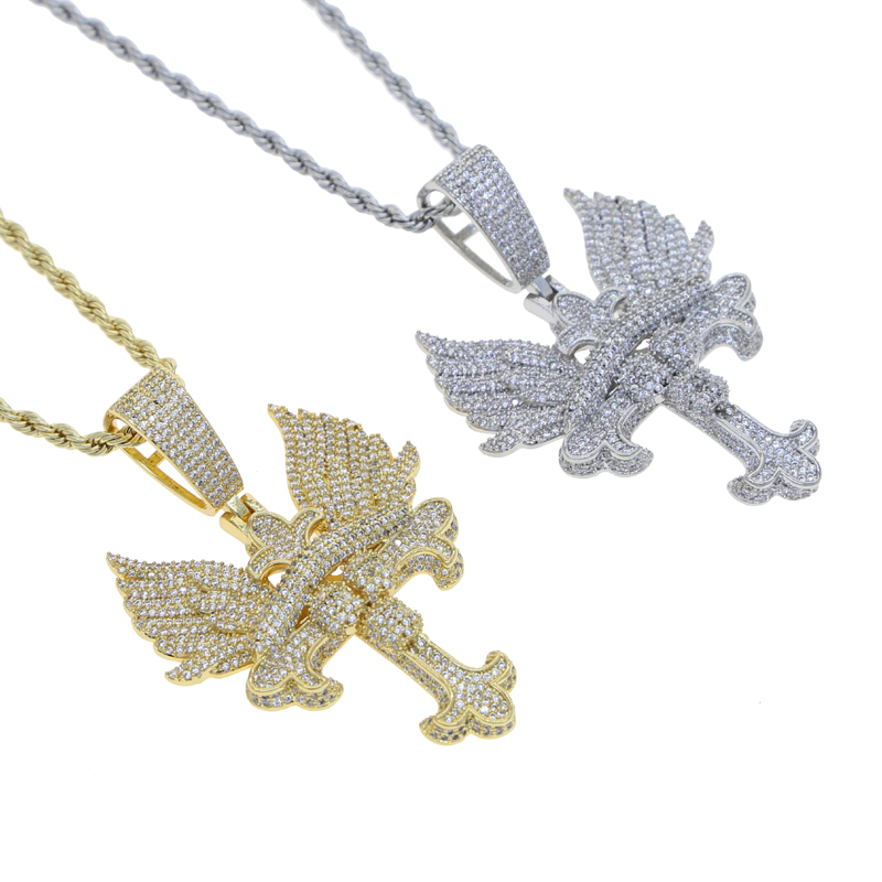 Iced out hip hop necklace with angle wing paved 5A cubic zircon cross charm pendant with gold silver plated punk styles cz necklaces jewelry drop ship