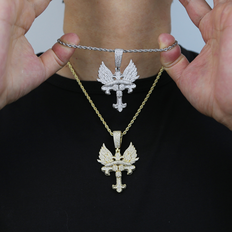 Iced out hip hop necklace with angle wing paved 5A cubic zircon cross charm pendant with gold silver plated punk styles cz necklaces jewelry drop ship