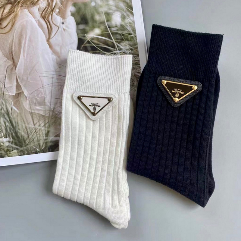 Leather Triangle Letter Cotton Socks Striped Breathable Stockings Black White