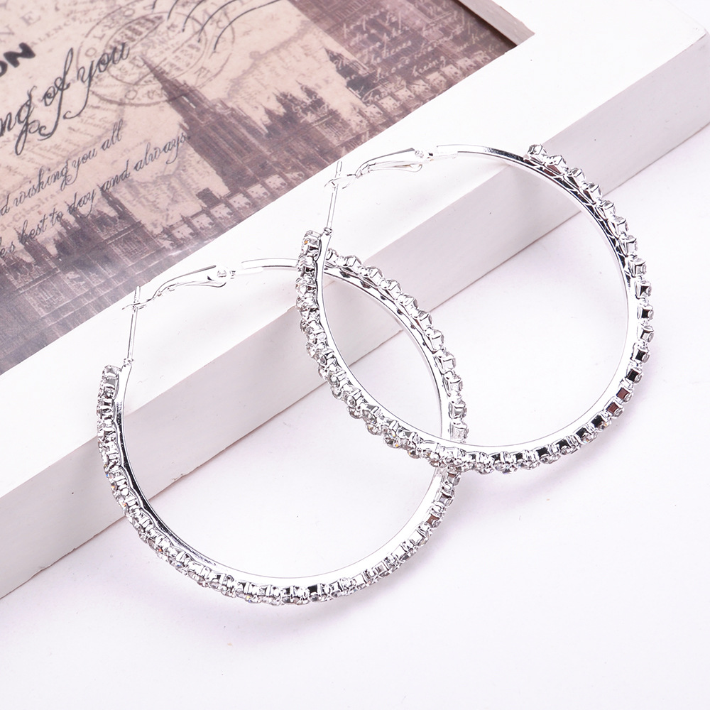 Luxury Crystal Diamond Hoop Earrings for Women Rhinesstone Round Circle Clip On Earring Fashion Jewelry 4CM