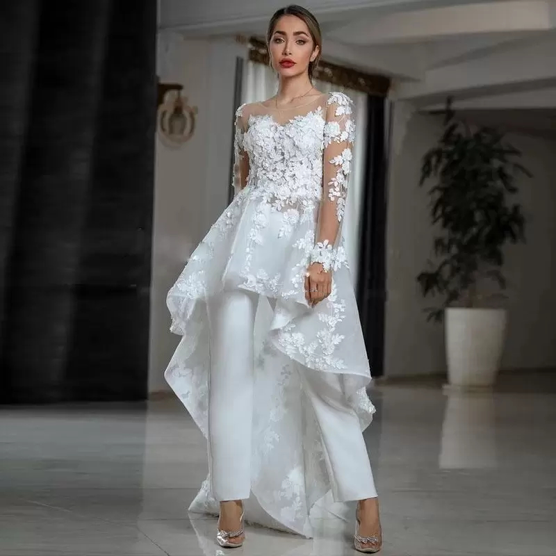 Bobo Jumpsuits Wedding Dress A-Line 3D Floral Lace Appliques Long Sleeve Illusion Crew Neck Bride Pants Suits Outdoor Elopement Bridal Gowns