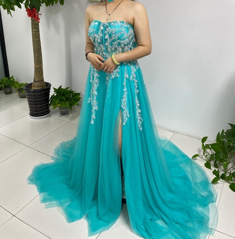 2022 Sexy Beach Wedding Dress For Bride Elegant Boho Bridal Gowns Strapless Sequin Lace High Split Princess Vestido De Novia