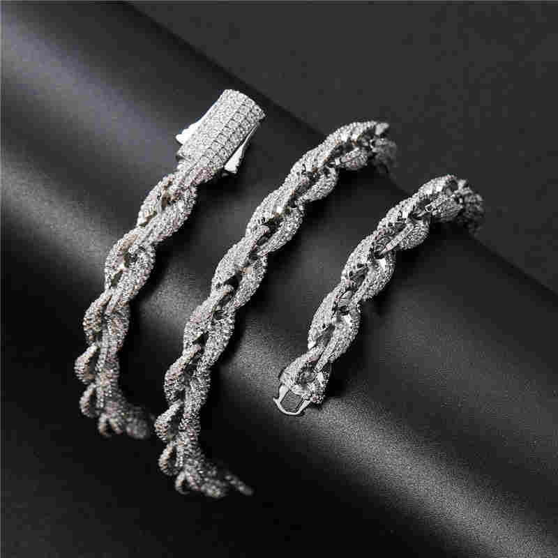 8mm 16-24inch Yellow White Gold Plated Full Moissanite Rope Chain Necklace 7/8inch Bracelet Fashion Jewelry For Men Women