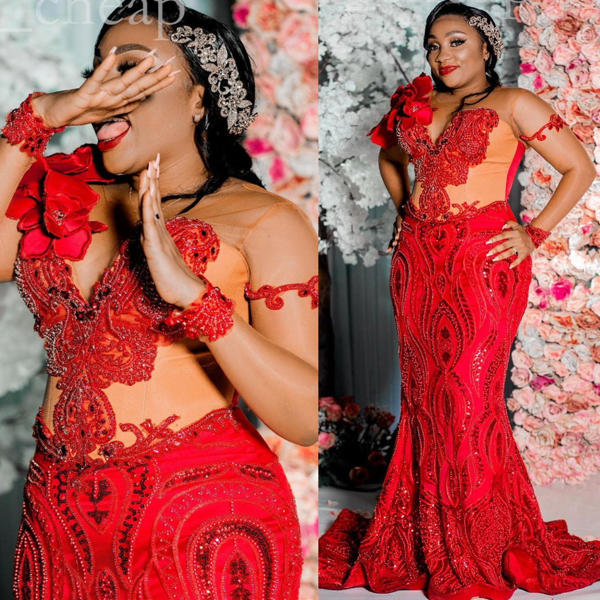 Aso 2022 Arabic Ebi Red Mermaid Prom Dresses Lace Beaded Sexy Evening Formal Party Second Reception Birthday Engagement Gowns Dress ZJ773
