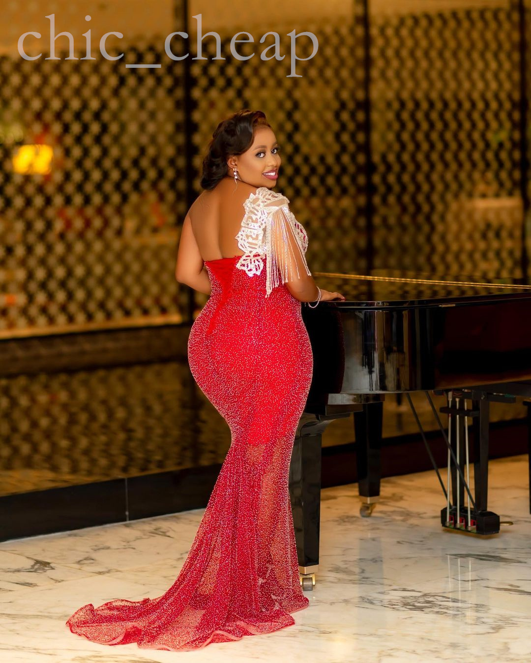 Arabic Aso 2022 Ebi Red Mermaid Prom Dresses Beaded Crystals Lace Evening Formal Party Second Reception Birthday Engagement Gowns Dress ZJ555