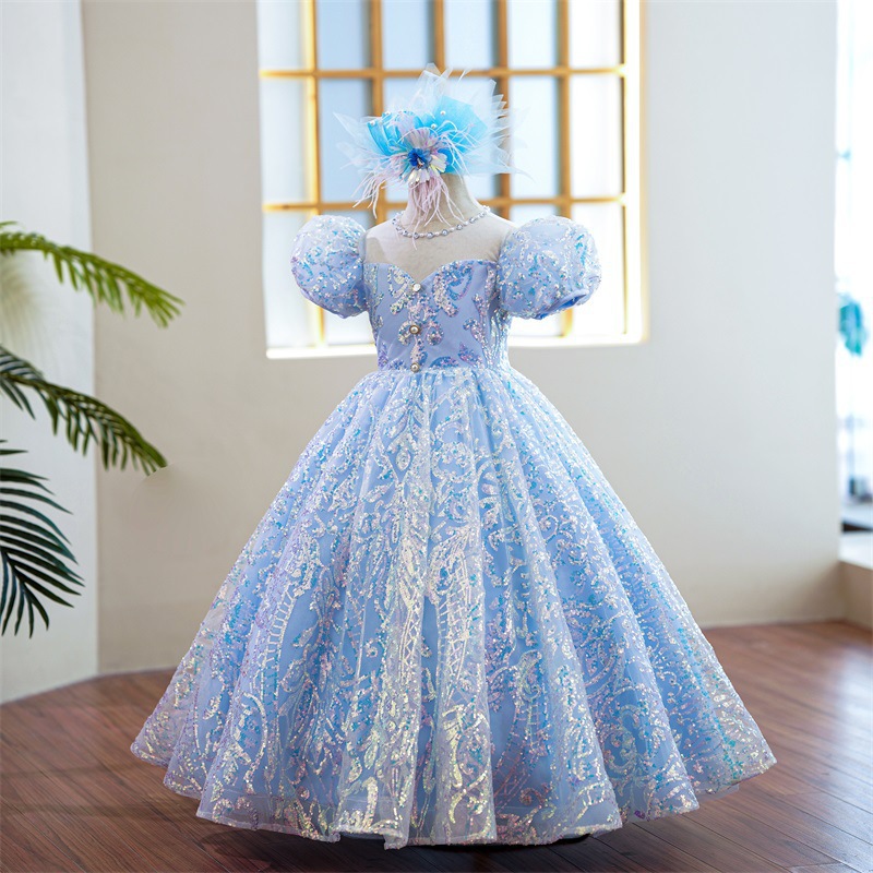 Light Sky Blue Lace Flower Girl Dresses Long sequined lace Wedding Appliqued Ball Gown Toddler Pageant Gowns Tulle Custom Made First holy Communion Dr