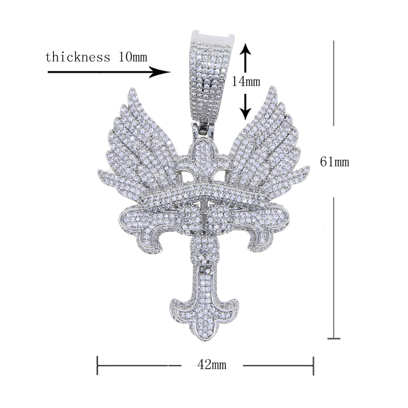 Iced out hip hop necklace with angle wing paved 5A cubic zircon cross charm pendant with gold silver plated punk styles cz necklaces jewelry drop ship