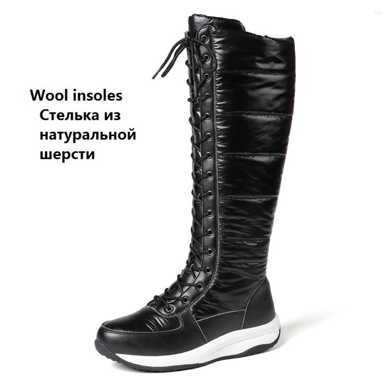 Boots Fashion Women Winter Genuine Leather Knee High Boot Zipper Low Heels Snow Ladies Fur Casual Flat Shoes Black Plus Size