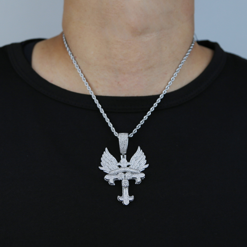 Iced out hip hop necklace with angle wing paved 5A cubic zircon cross charm pendant with gold silver plated punk styles cz necklaces jewelry drop ship