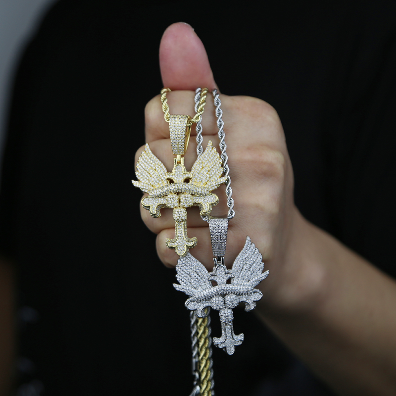 Iced out hip hop necklace with angle wing paved 5A cubic zircon cross charm pendant with gold silver plated punk styles cz necklaces jewelry drop ship