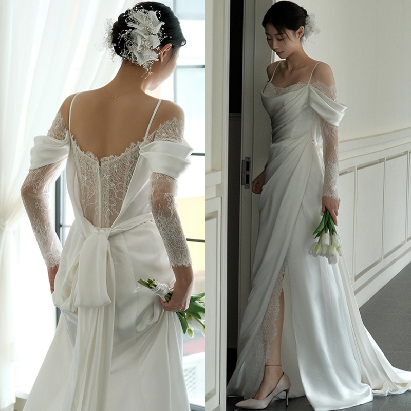 Korean Boho Lace And Satin A-Line Wedding Dress Sexy Spaghetti Side Split Long Sleeves Elegant Bridal Gowns Simple Corset Ivory Robe De Mariee 2023