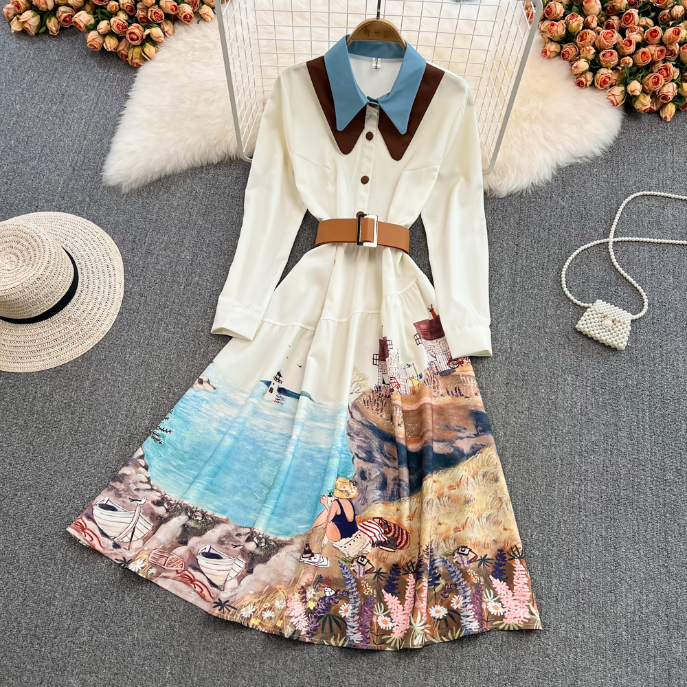 High class goddess style print A-line dress light luxury temperament slim waist long sleeves lapel big hem long skirt