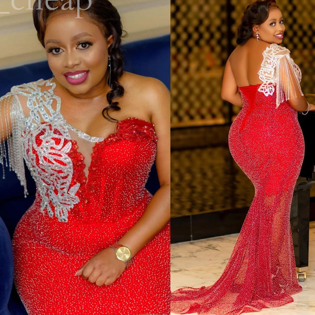 Arabic Aso 2022 Ebi Red Mermaid Prom Dresses Beaded Crystals Lace Evening Formal Party Second Reception Birthday Engagement Gowns Dress ZJ555