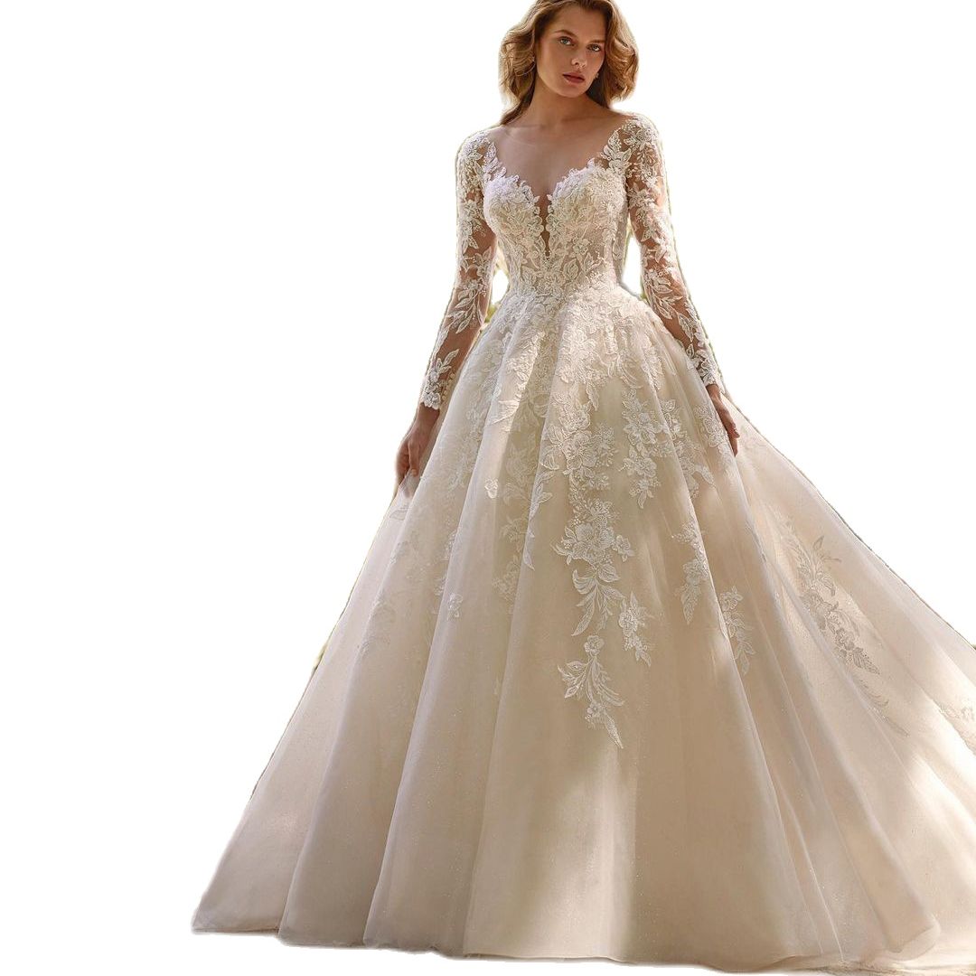 Vintage Lace A Line Mermaid Wedding Dresses V Neck Full Transparent Sleeve Bridal Gown Plus Size Marriage Detachable Train