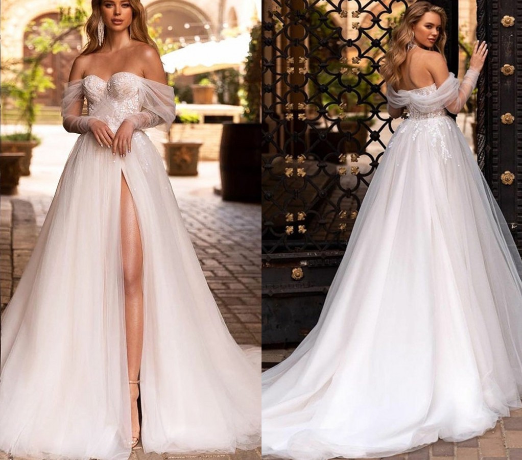 Lace Appliques Sweetheart Neck Wedding Dress 2023 Princess Off Shoulder Beach Party Bridal Gown Applique Split Vestido De Noiva