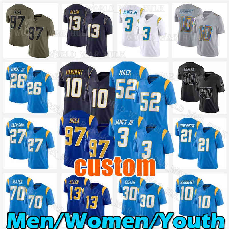 

10 Justin Herbert Jersey Derwin James Jr. 52 Khalil Mack JC Jackson Mike Williams Keenan Allen Joey Bosa Austin Ekeler Los Angeleses Chargers Asante Samuel Junior Seau, Men custom 2022 new jersey(s d)