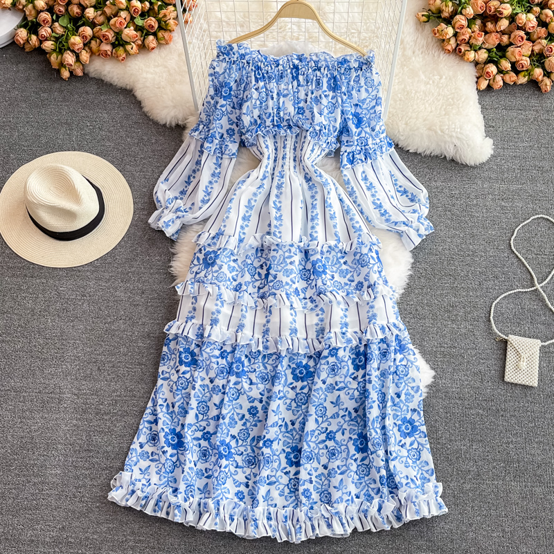 Blue and white porcelain printed dress off shoulder chiffon elegant temperament lantern sleeve large hem long skirts
Blue and white porcelain printed dress off shoulder chiffon elegant temperament lantern sleeve large hem long skirts