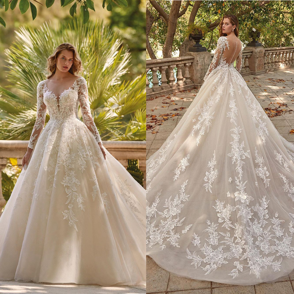 Elegant A-Line Wedding Dress Stain With V-Neck Transparent 3D-Appliques Layered Lace Dress Protrait Backless Custom Made Chapel Gown Plus Size Vestido