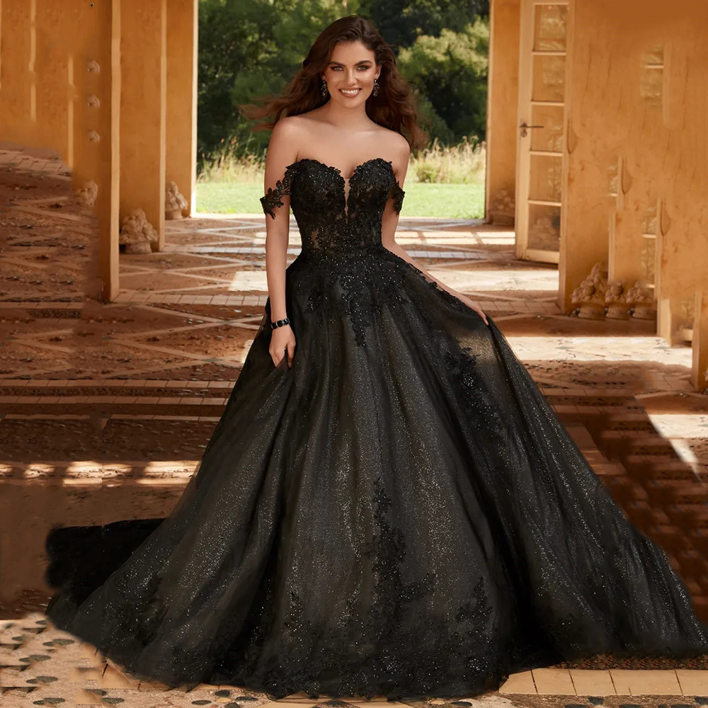 Black A-Line Wedding Dresses Gothic Bridal Gowns 2023 Lace Appliques Off The Shoulder Sweetheart Neck Sequined Vestido De Novia Vintage Glitter Long B
