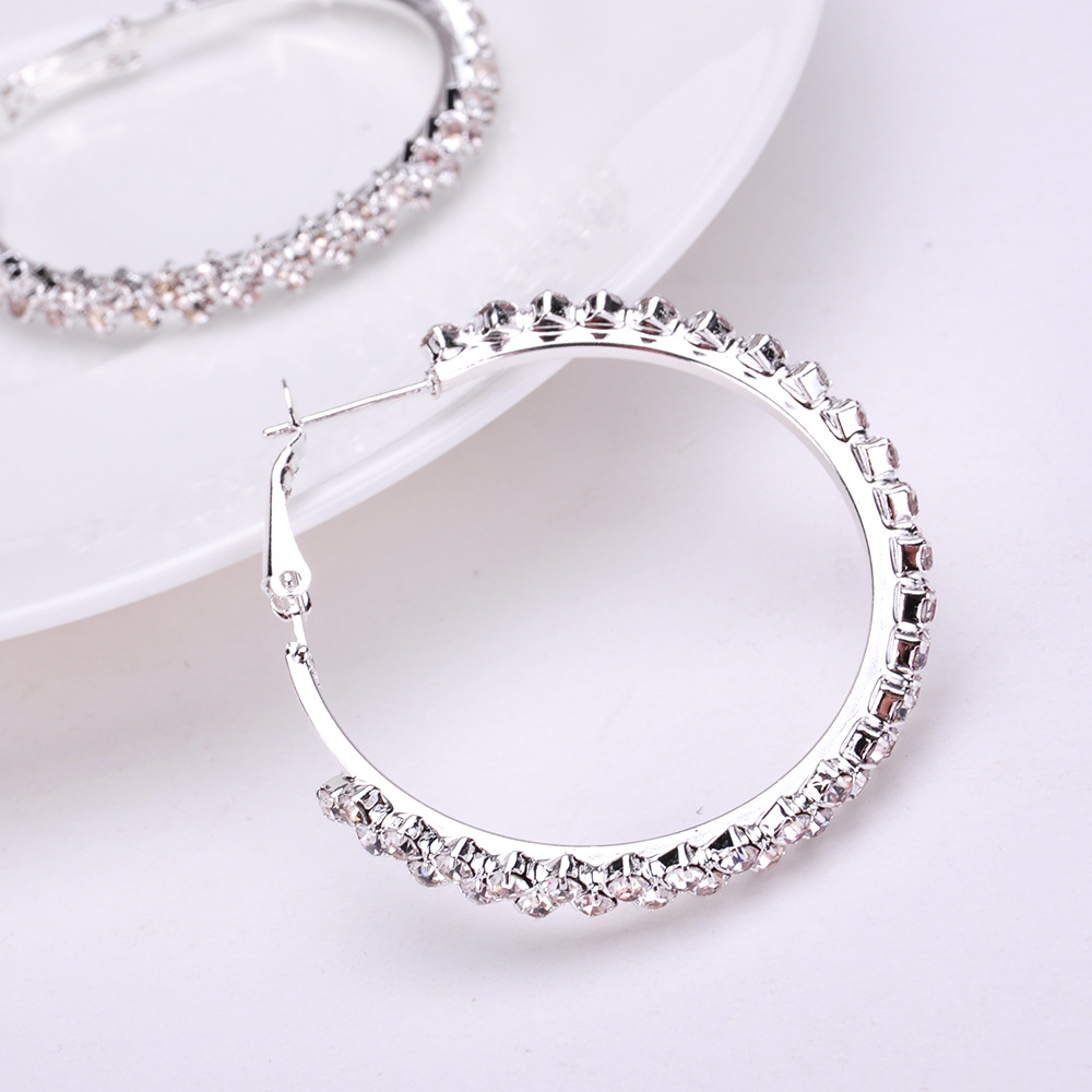 Luxury Crystal Diamond Hoop Earrings for Women Rhinesstone Round Circle Clip On Earring Fashion Jewelry 4CM