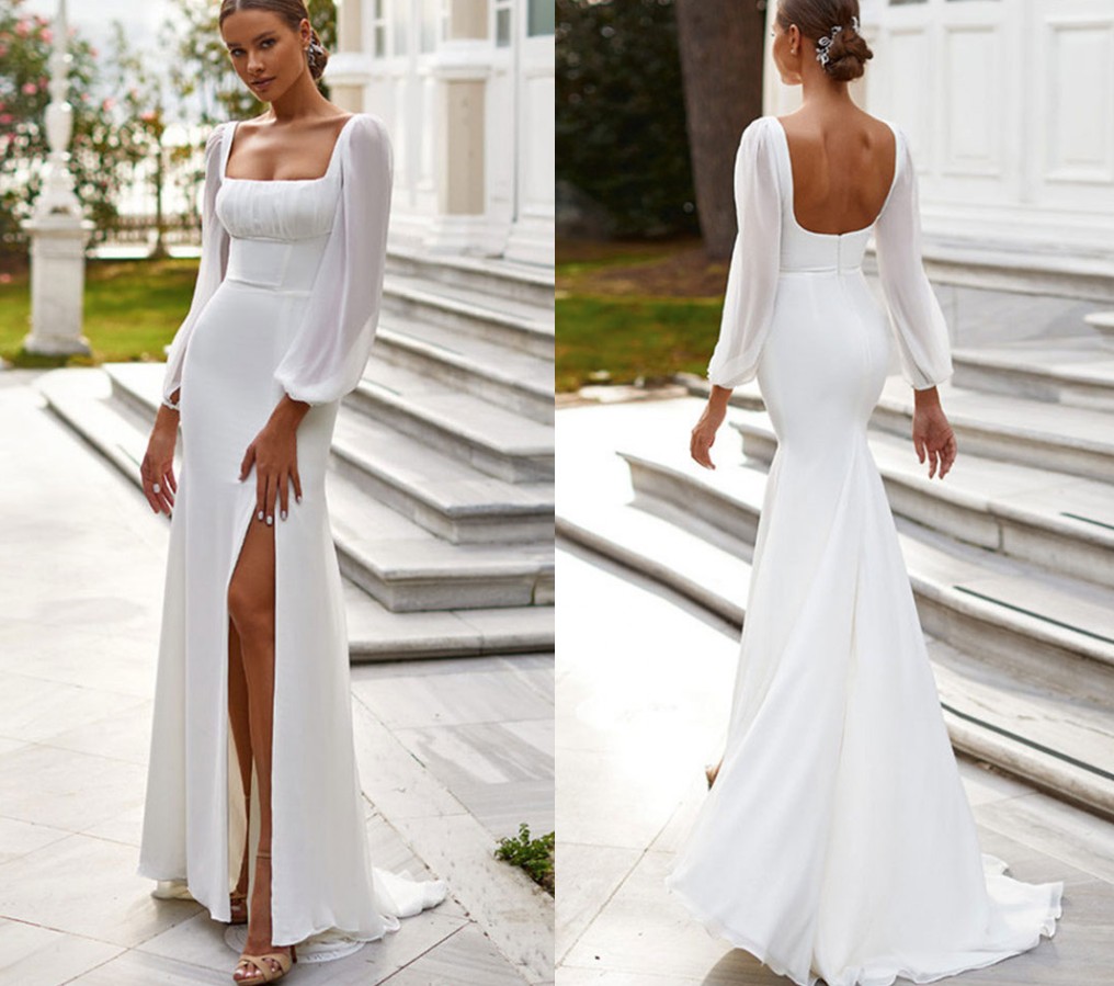 2023 Simple Elegant Chiffon Mermaid Wedding Dresses Long Sleeves Side Split White Beach Mariage Bride Gowns Vestidos De Novia Custom Made