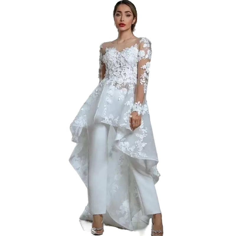 Bobo Jumpsuits Wedding Dress A-Line 3D Floral Lace Appliques Long Sleeve Illusion Crew Neck Bride Pants Suits Outdoor Elopement Bridal Gowns