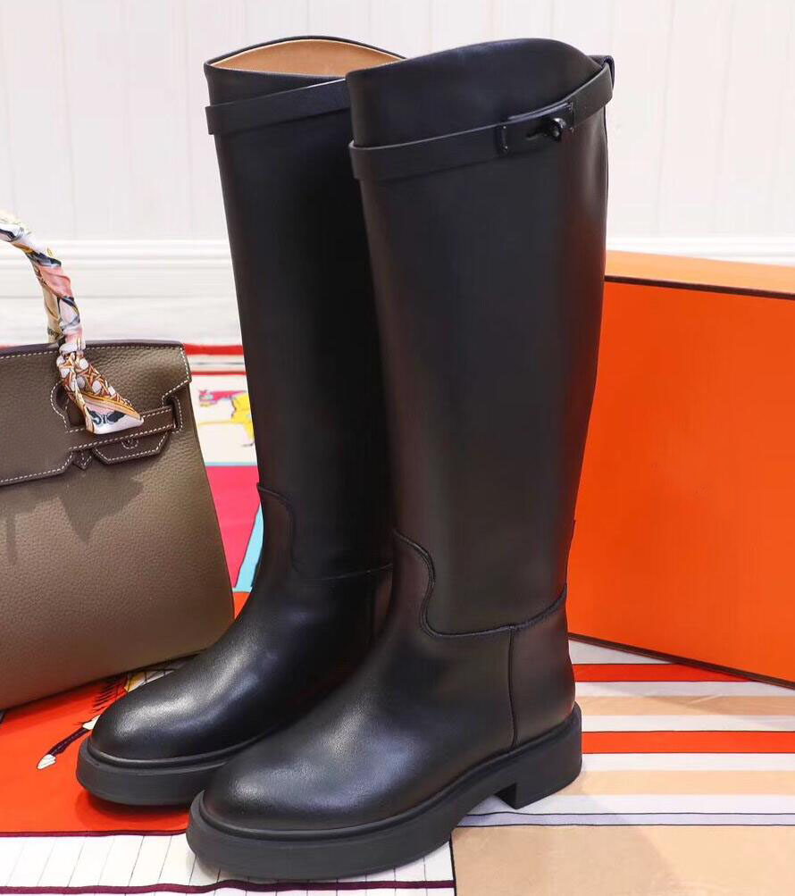 Top Luxury Women Variation Tall Boots Black Calfskin Leather Jumping Rubber Sole Long Knee Boot Wrap-around Ankle Strap Lady Knight Booty EU35-42