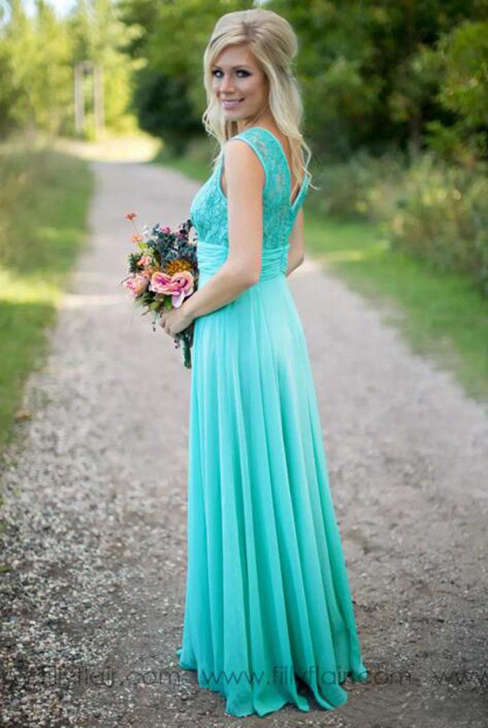New Aqua Country Bridesmaids Dresses Lace Top Bodice or Length Chiffon Cheap Beach Maid of Honor Prom Party Gowns Plus Size Custom