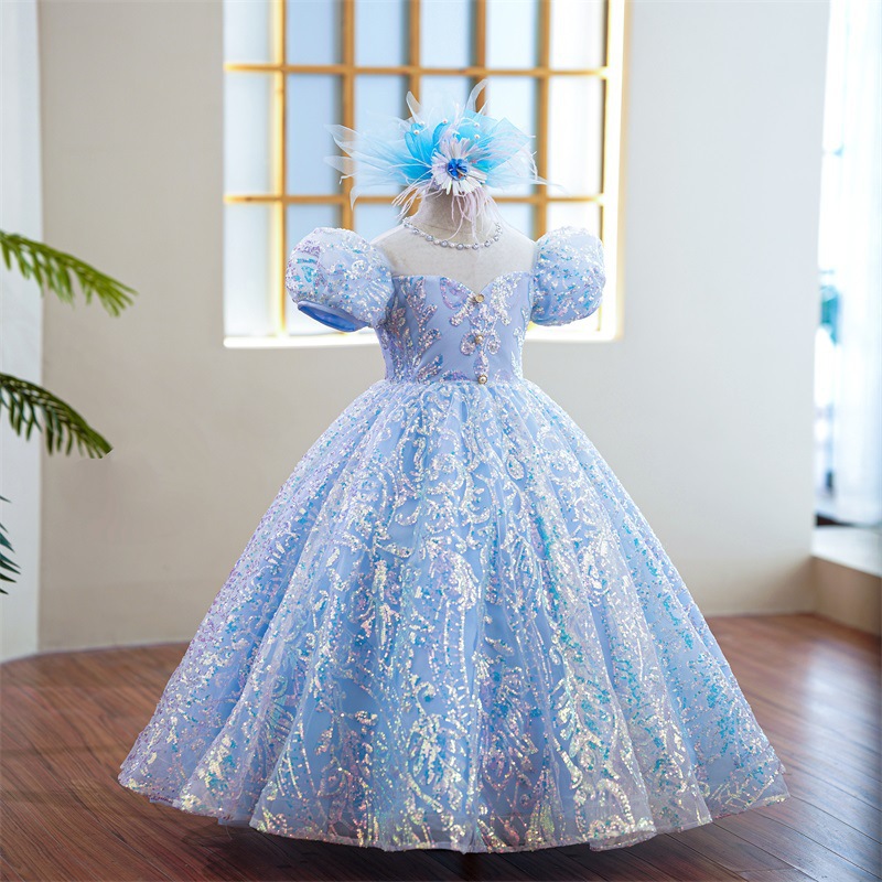 Light Sky Blue Lace Flower Girl Dresses Long sequined lace Wedding Appliqued Ball Gown Toddler Pageant Gowns Tulle Custom Made First holy Communion Dr