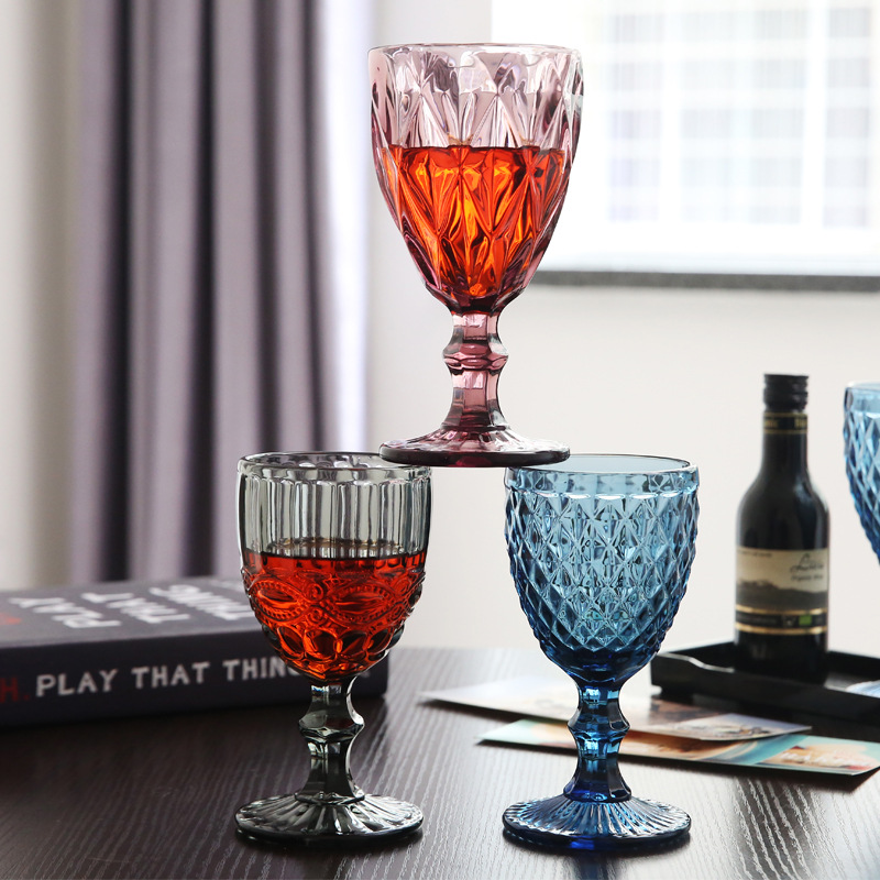 10oz Wine Glasses Colored Glass Goblet with Stem 300ml Vintage Pattern Embossed Romantic Drinkware for Party Wedding
