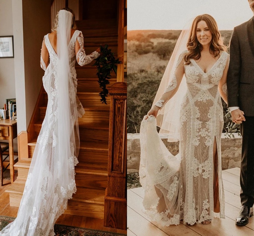 V Neck Open Back Mermaid Wedding Dresses Lace champagne lining Long Sleeve Vintage Boho country Bridal Gowns