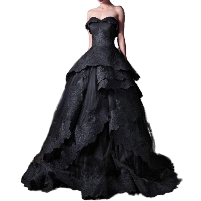 2023 Strapless Black Gothic Wedding Dress Tiers A-Line Floor Length Bridal Gowns Lace Appliques Back Lace-up Plus Size Vintage Vestidos De Novia