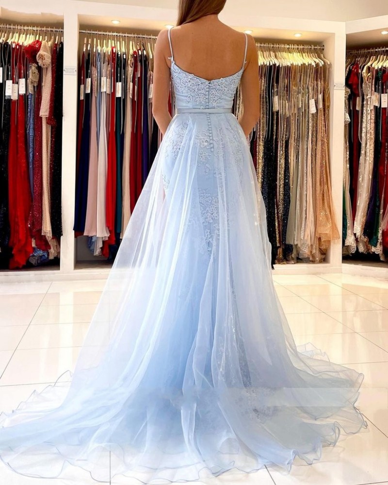 Light Blue Mermaid Prom Dresses Long Sweetheart Appliques Lace Evening Dresses 2023 Detachable Tulle Train Formal Party Gowns Vestidos Gala Robes De S