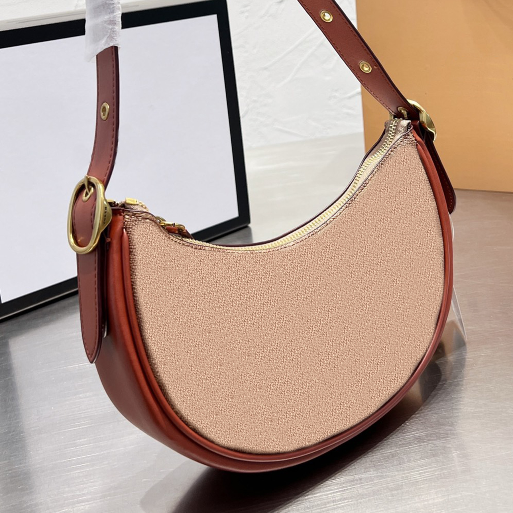 Half Moon Luna Shoulder Bag in Canvas Refined Leather Designer Zip Top Closure Adjustable Shoulder Strap Clutch Women Tote Fabric Lining Underarm Bags
Half Moon Luna Shoulder Bag in Canvas Refined Leather Designer Zip Top Closure Adjustable Shoulder Strap Clutch Women Tote Fabric Lining Underarm Bags